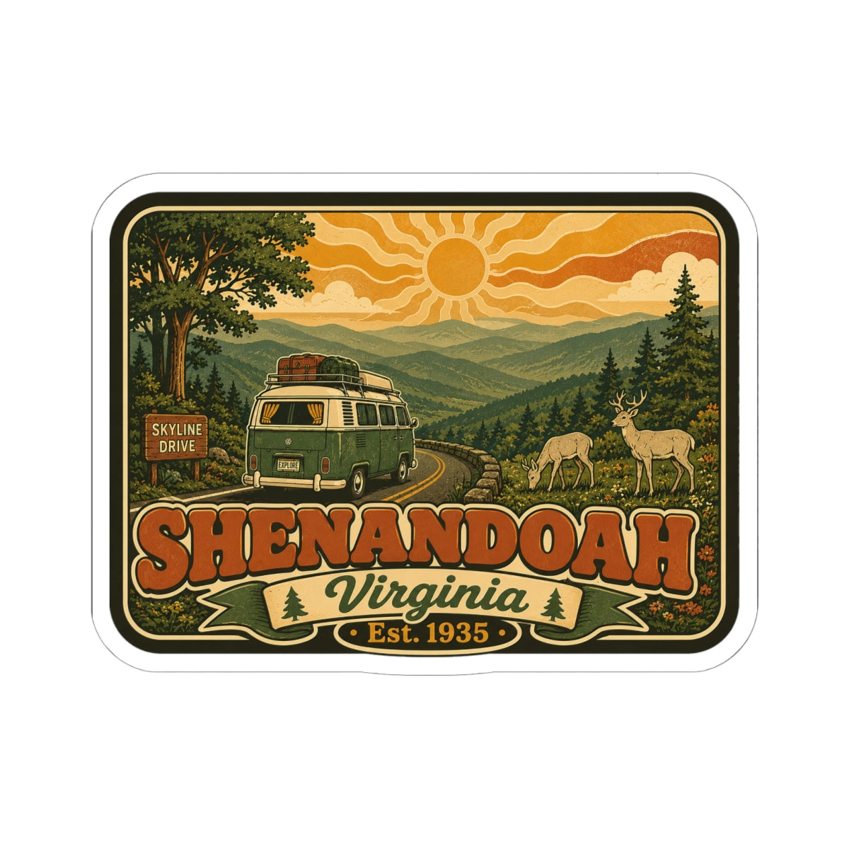 Kiss-cut sticker featuring a retro campsite scene, deer and evergreen trees with "Shenandoah" text