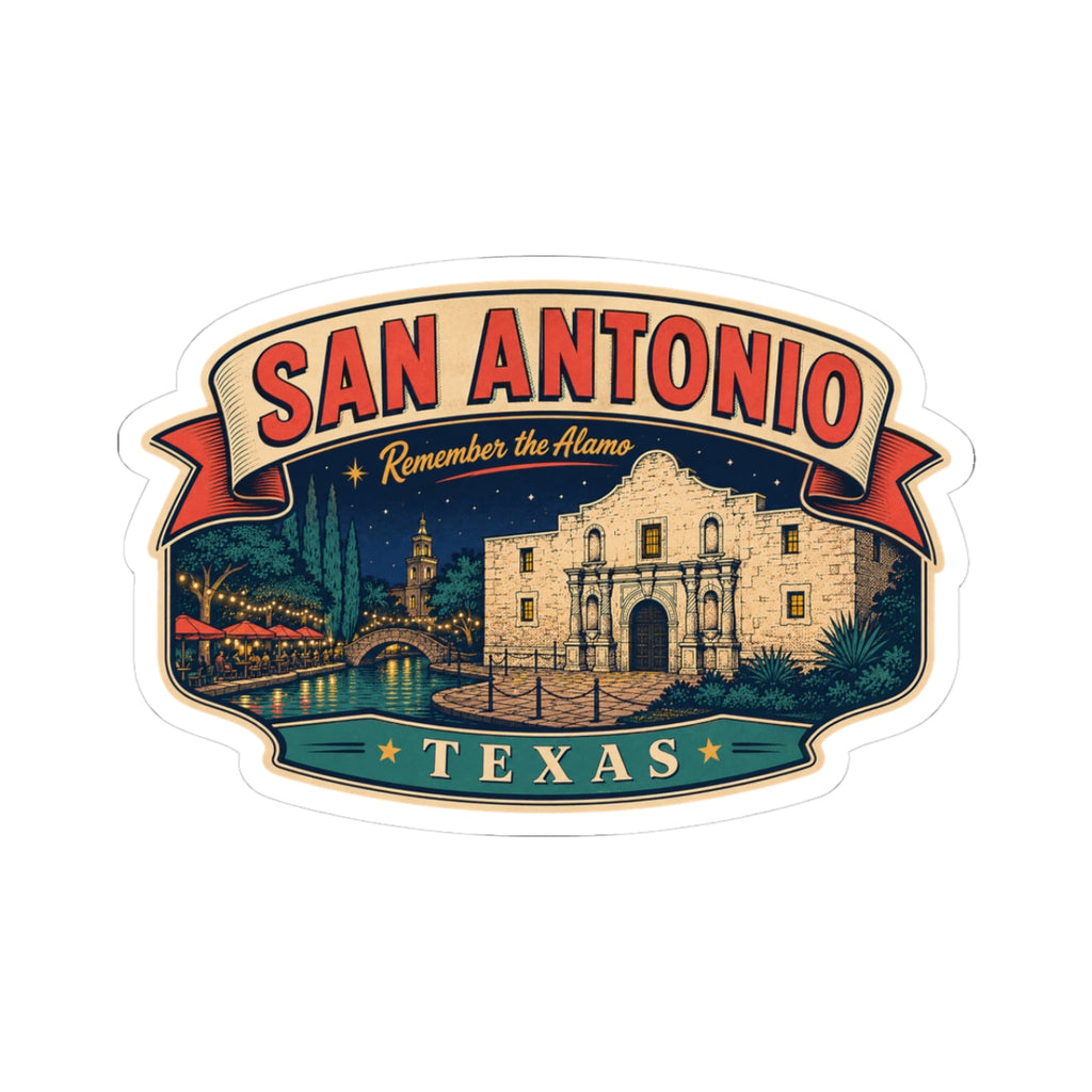 San Antonio luggage tag sticker with red SAN ANTONIO banner and TEXAS ribbon