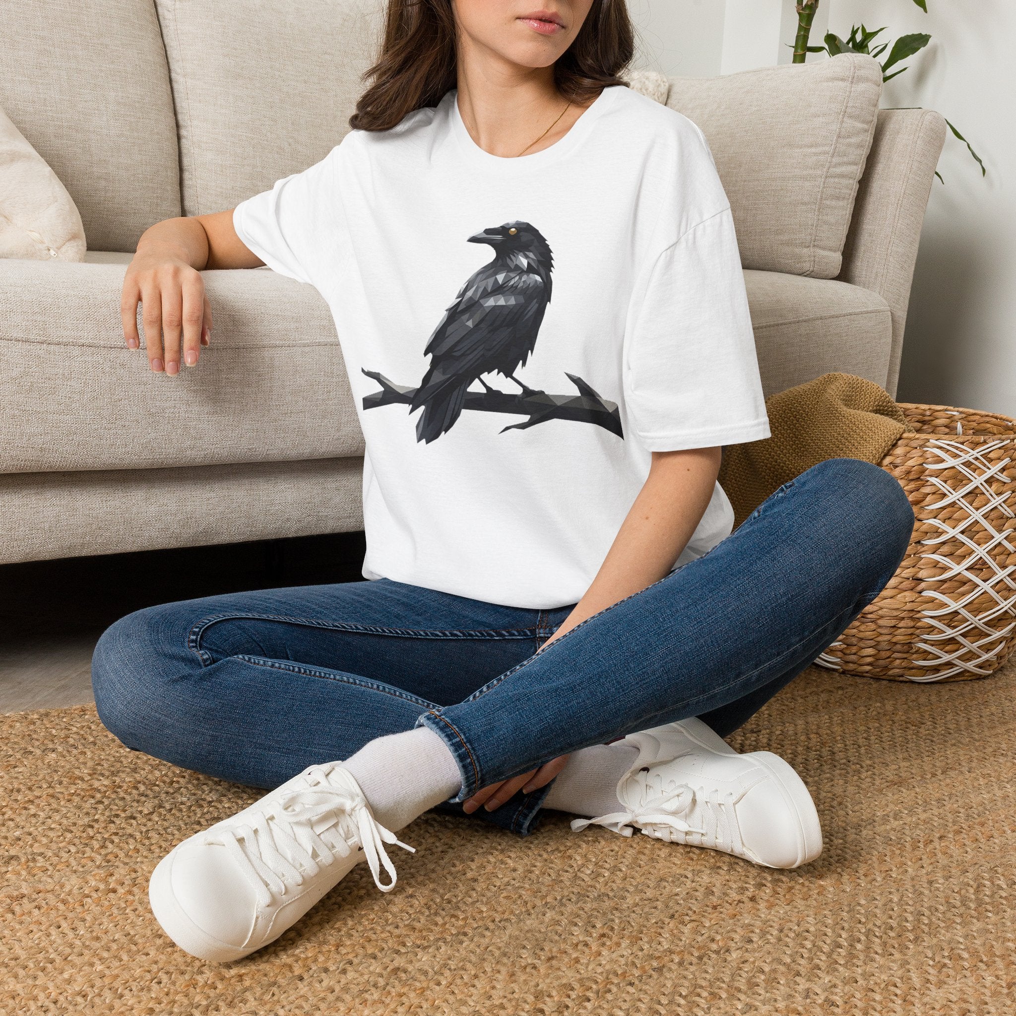 White raven bird graphic T-shirt on model, short sleeves, front design