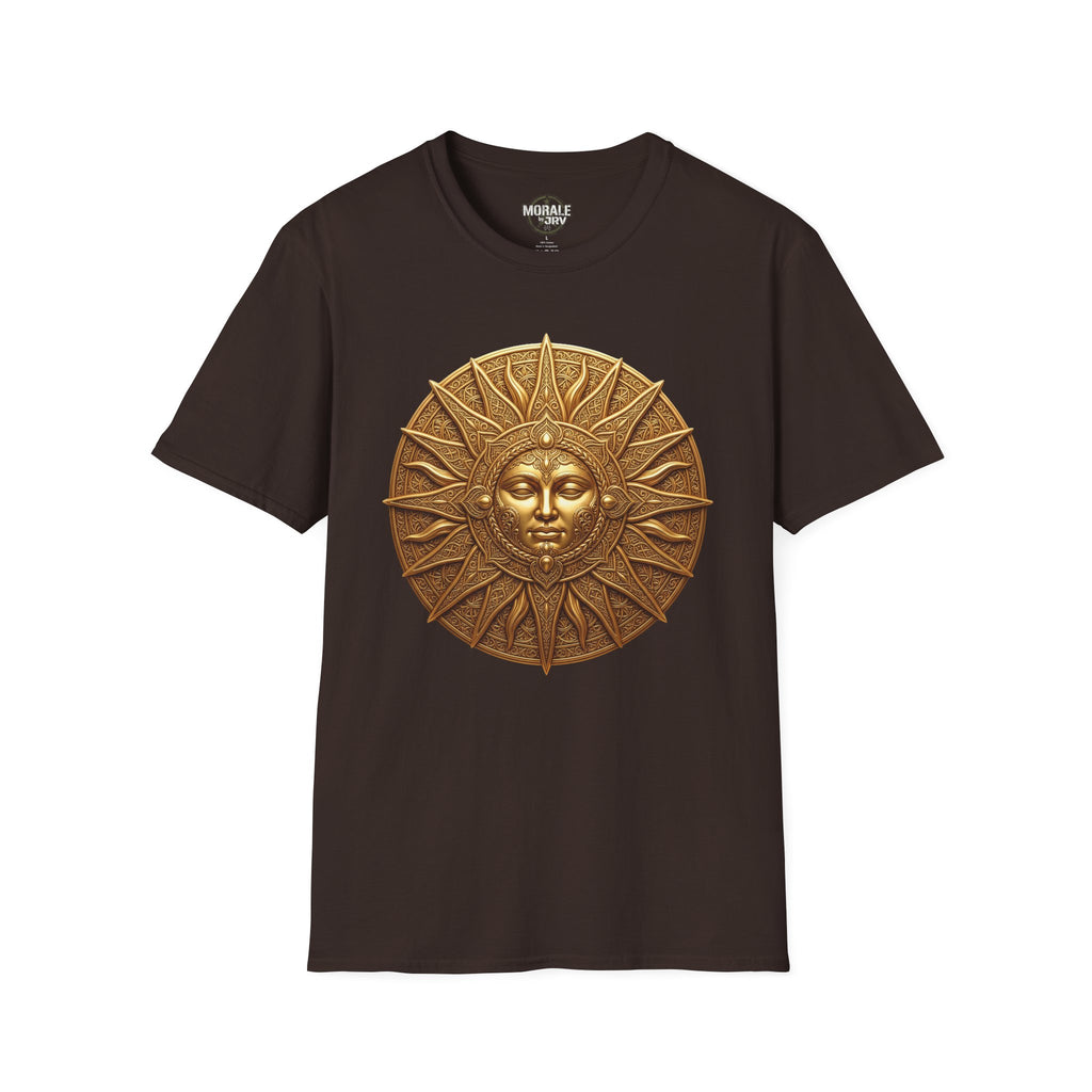 Bronze Sun Face medallion T-shirt, dark chocolate tee with bronze sunburst portrait