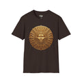 Bronze Sun Face medallion T-shirt, dark chocolate tee with bronze sunburst portrait
