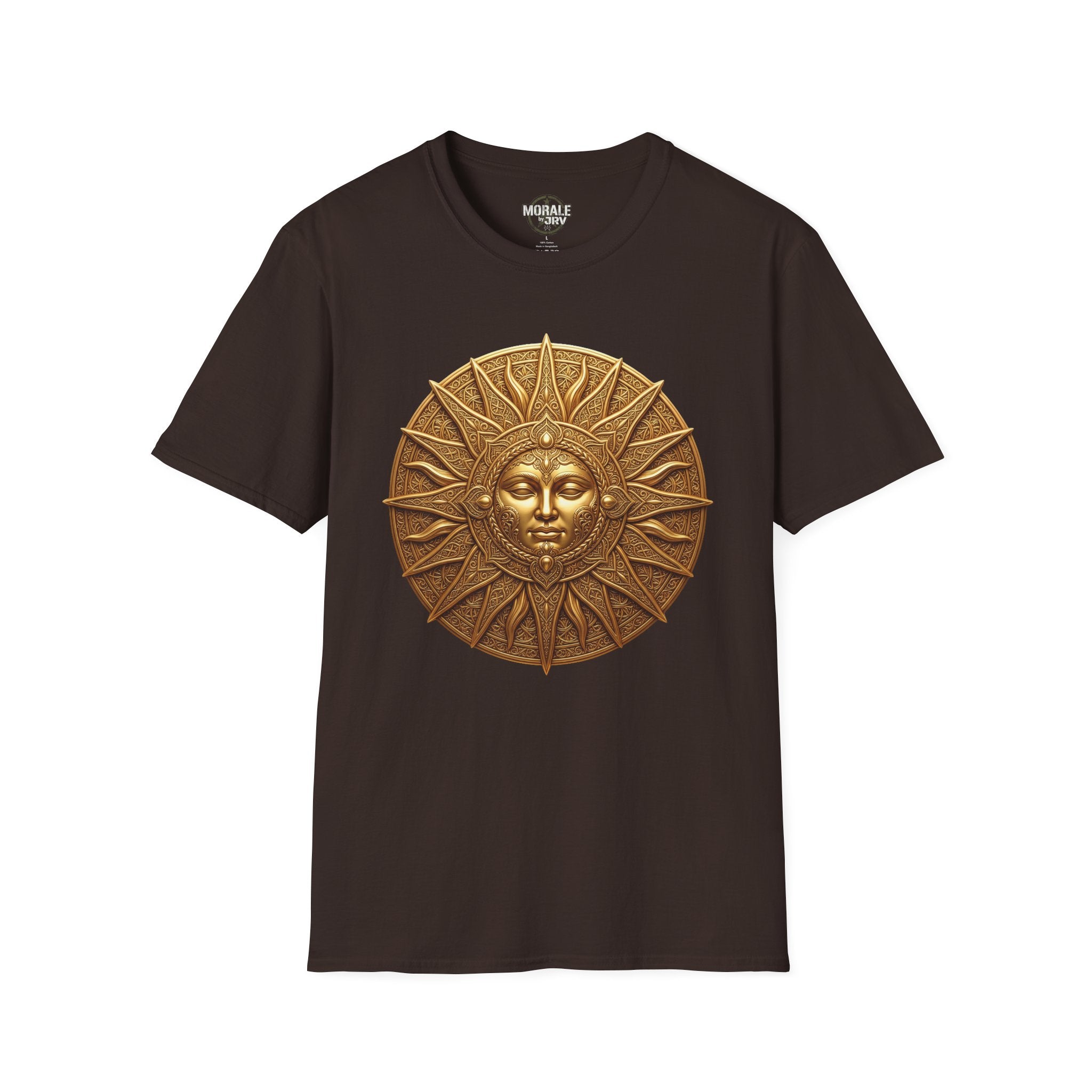 Bronze Sun Face medallion T-shirt, dark chocolate tee with bronze sunburst portrait
