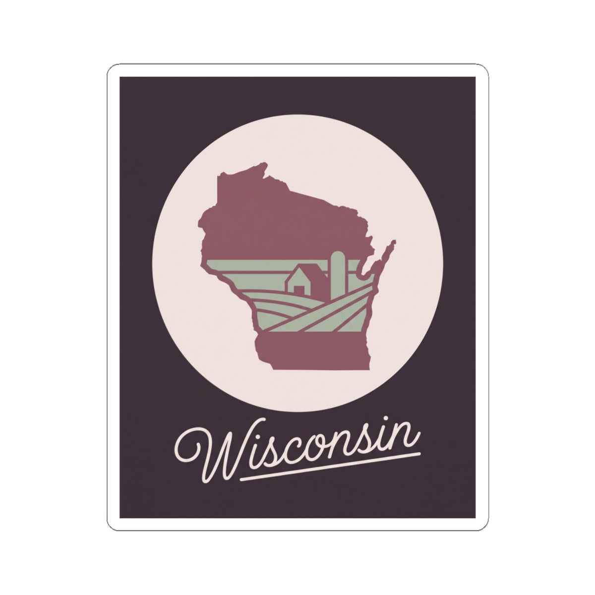 Wisconsin state silhouette sticker featuring maroon map graphic and “Wisconsin” lettering