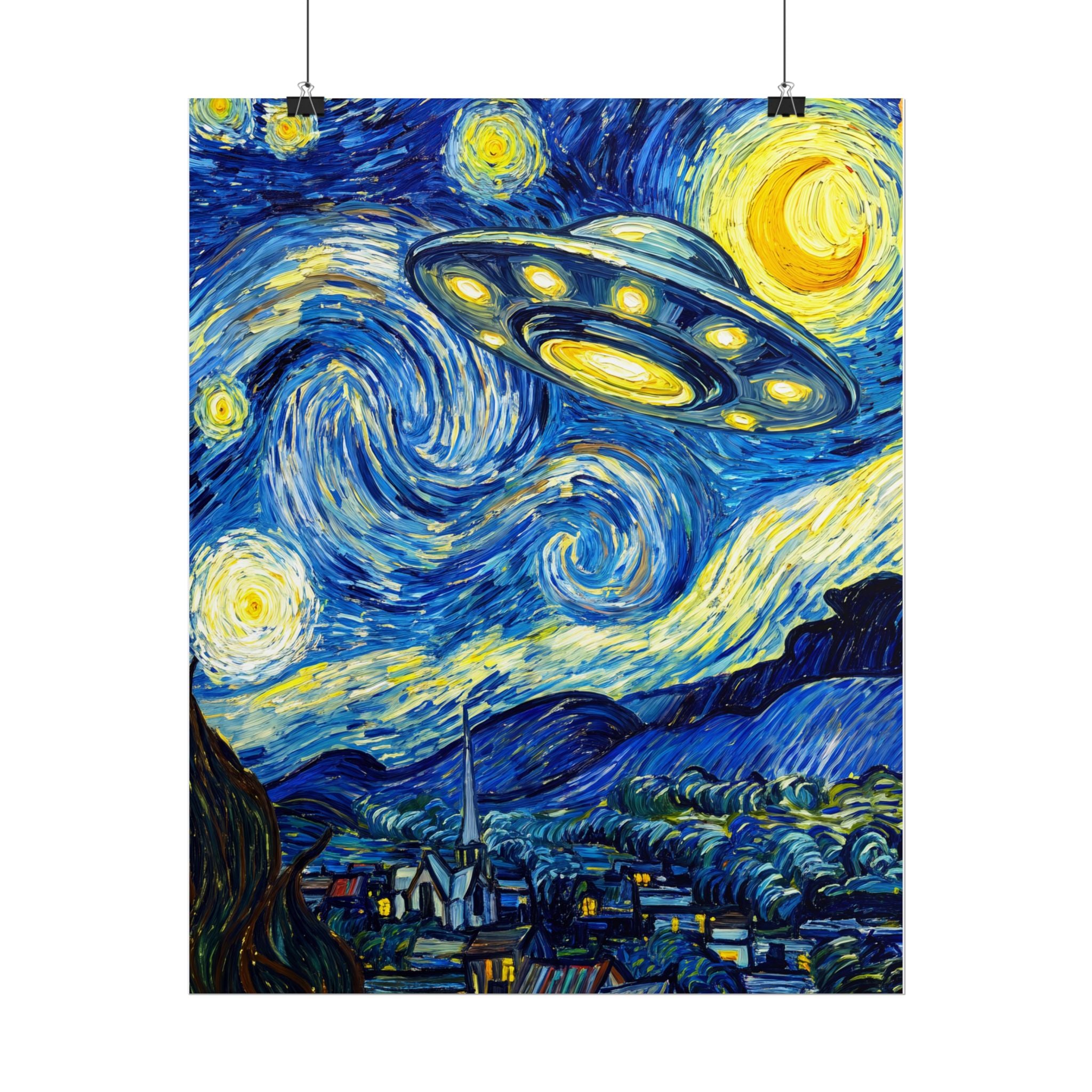 Hanging square poster of a glowing UFO over swirling blue clouds and yellow moonlights