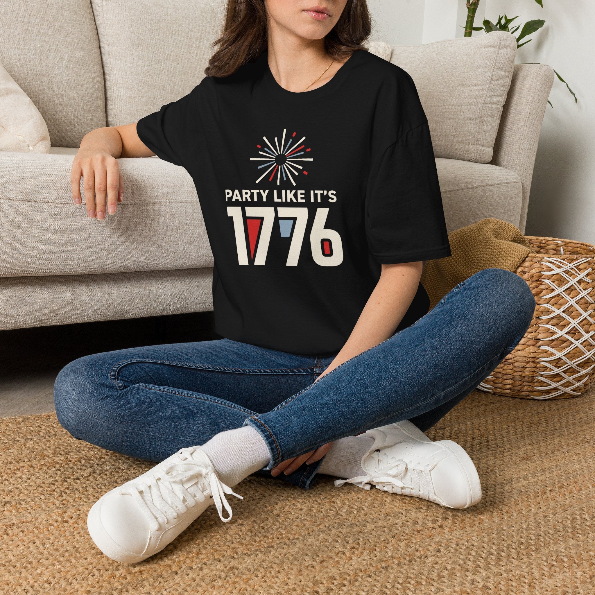 Black T-shirt worn with fireworks 'PARTY LIKE IT'S 1776' graphic