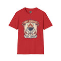 Red “Grill Sergeant EST. [Dad]” BBQ badge graphic T-shirt with flaming grill