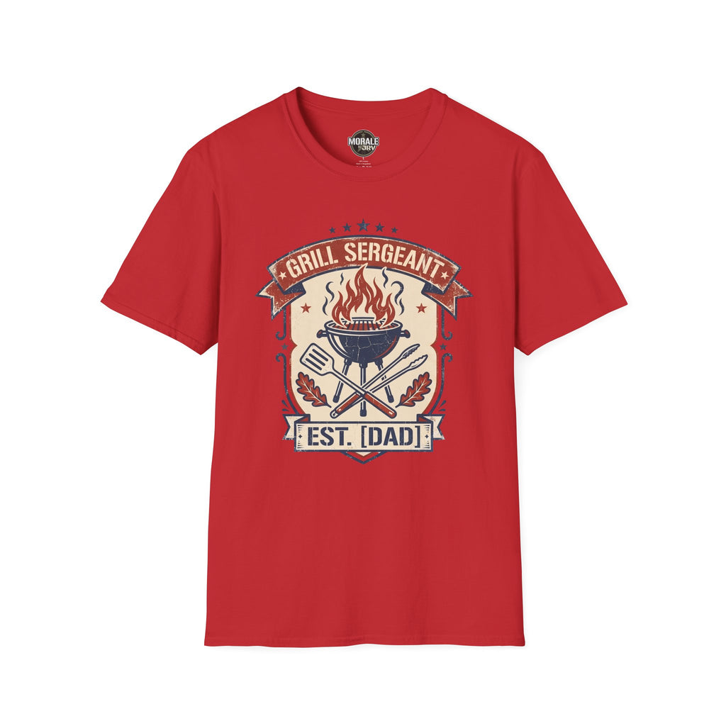 Red Grill Sergeant BBQ T-shirt with flaming grill and EST. [DAD] badge graphic