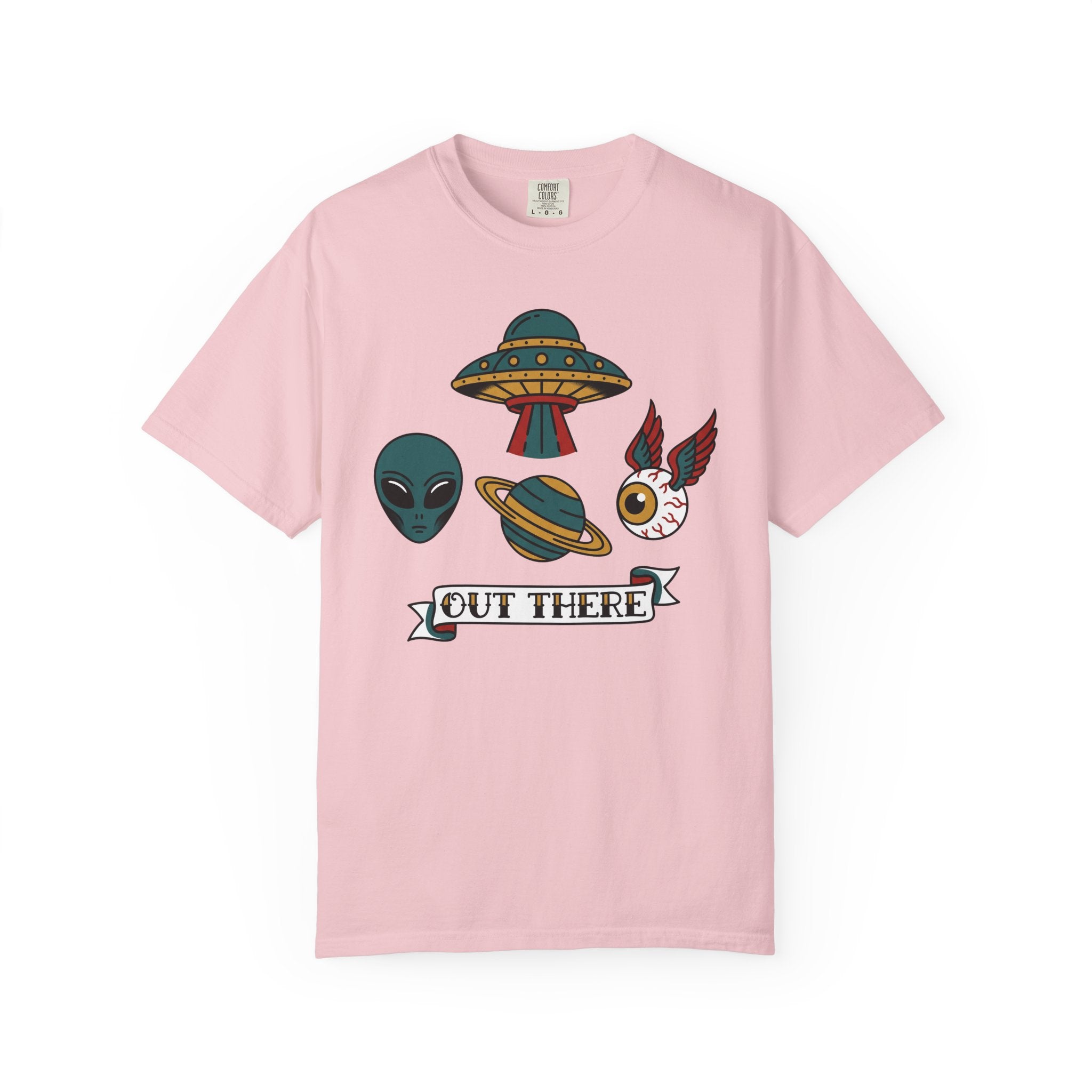 Rose crewneck T-shirt with alien, UFO, and 'Out There' graphic