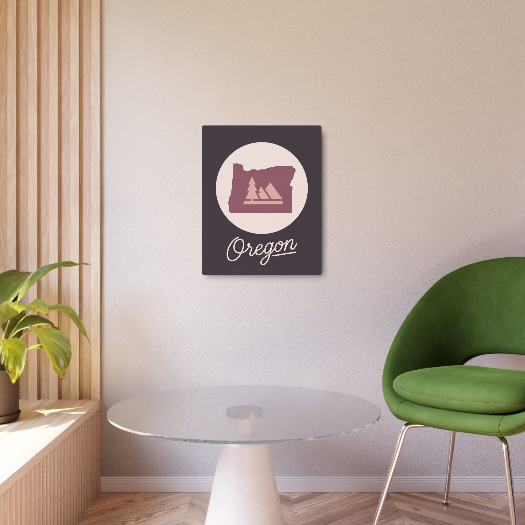 Square Oregon metal wall sign with circular emblem, mauve landscape, and cursive Oregon text