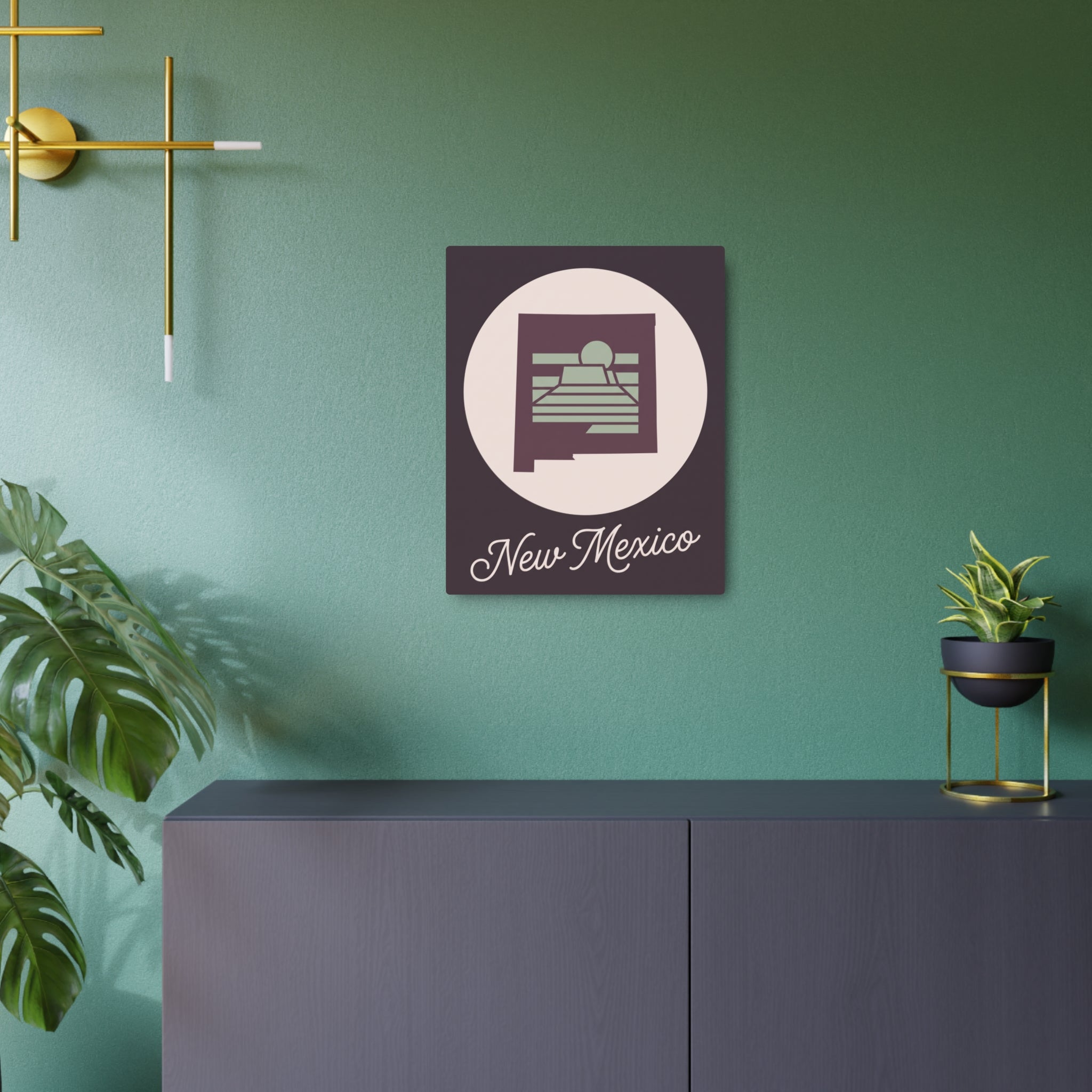 Dark square metal wall sign with circular New Mexico emblem and script lettering