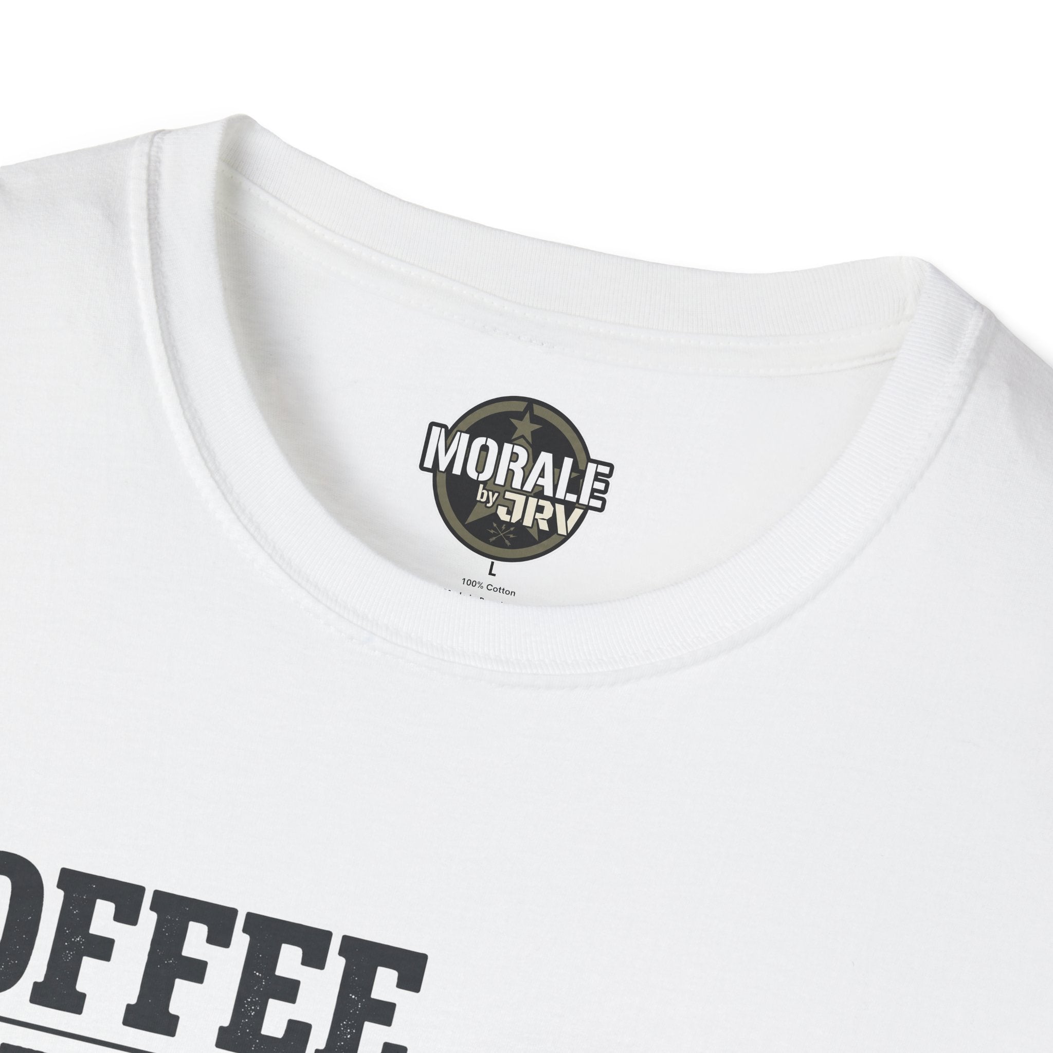 White T-shirt neckline label “MORALE ARVR” and “100% Cotton”