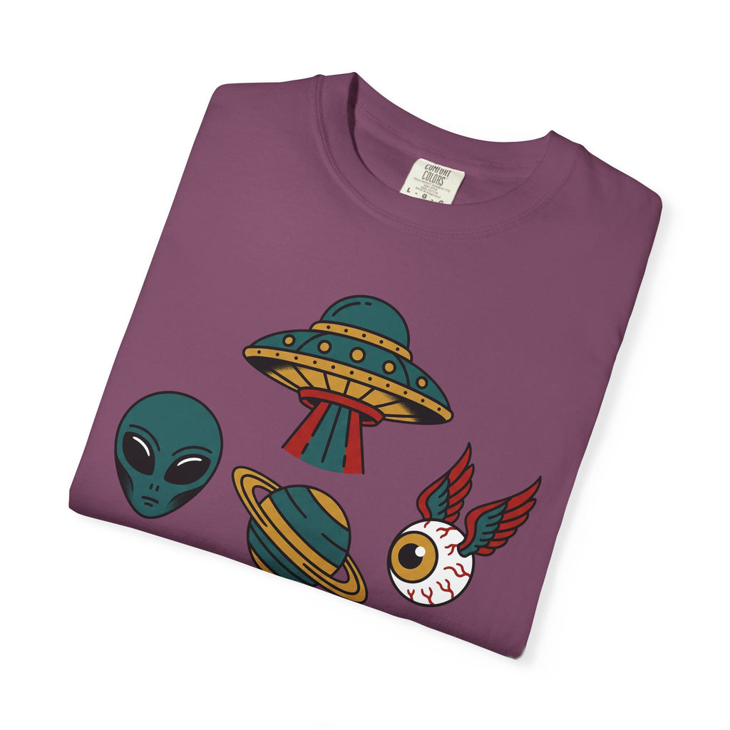 Dark plum crew-neck T-shirt with alien, UFO, and red-wing cat graphic