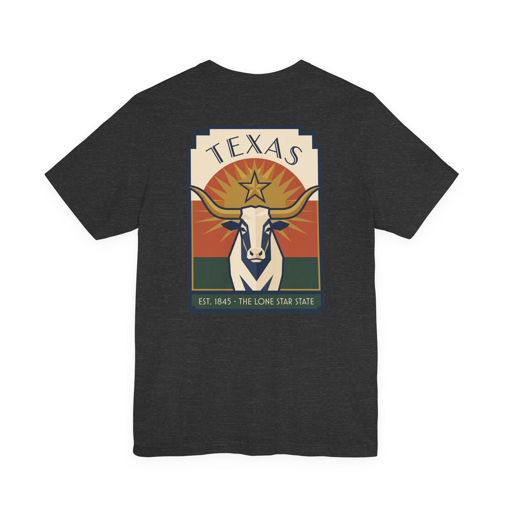 Dark charcoal T-shirt with retro Texas graphic, longhorn head and star logo in square frame