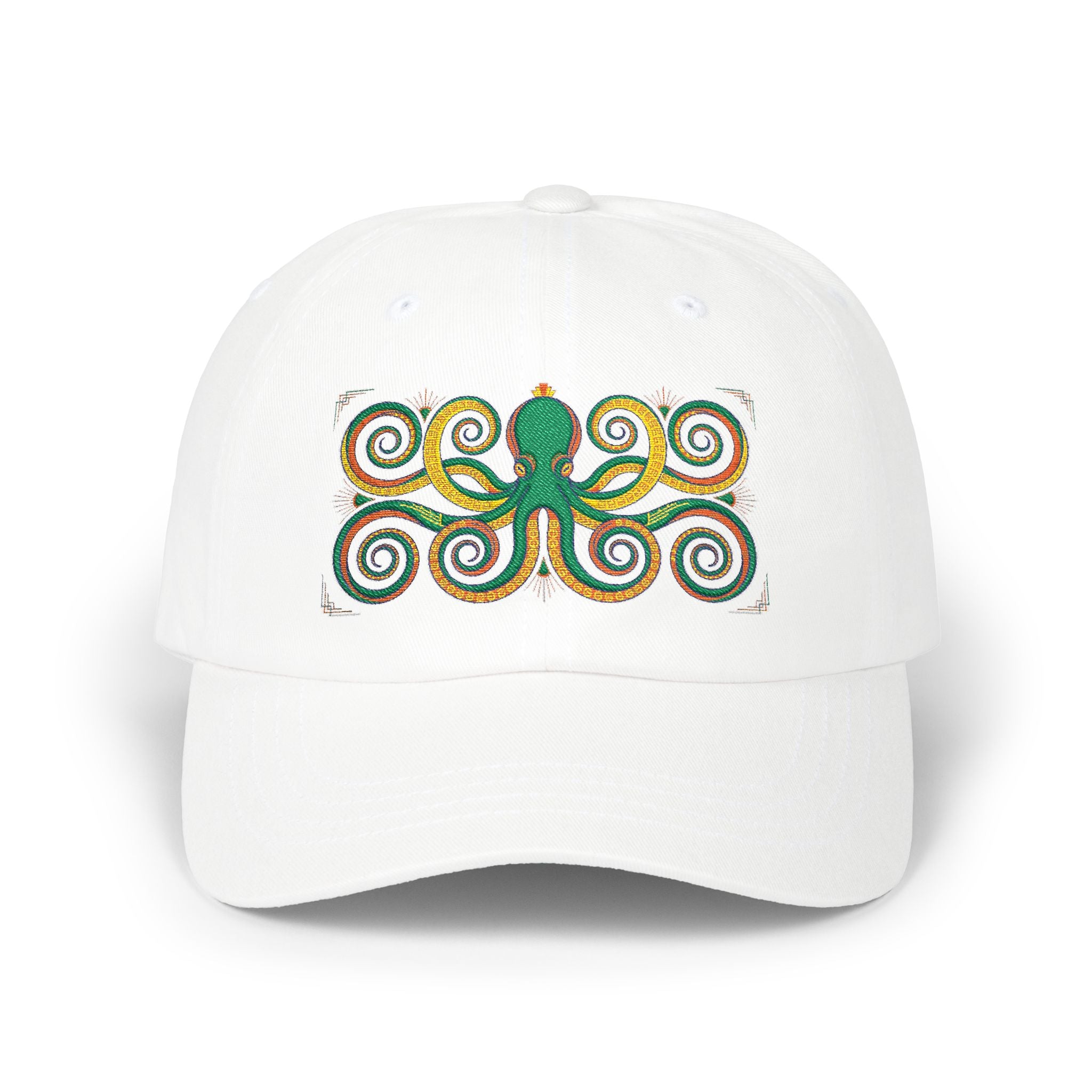 Octopus Swirl Dad Cap — Nautical Green & Gold Embroidered Baseball Hat
