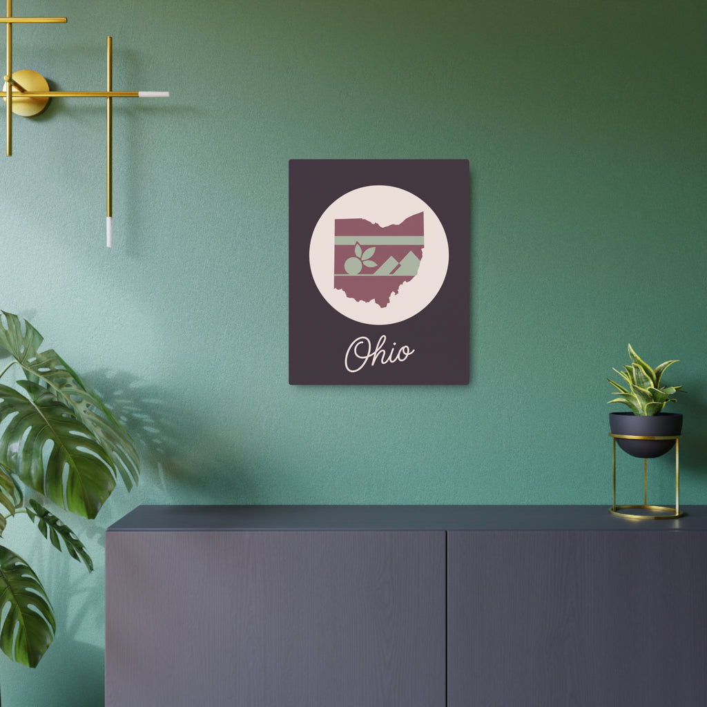 Mauve square metal wall art with circular Ohio emblem and cursive “Ohio”
