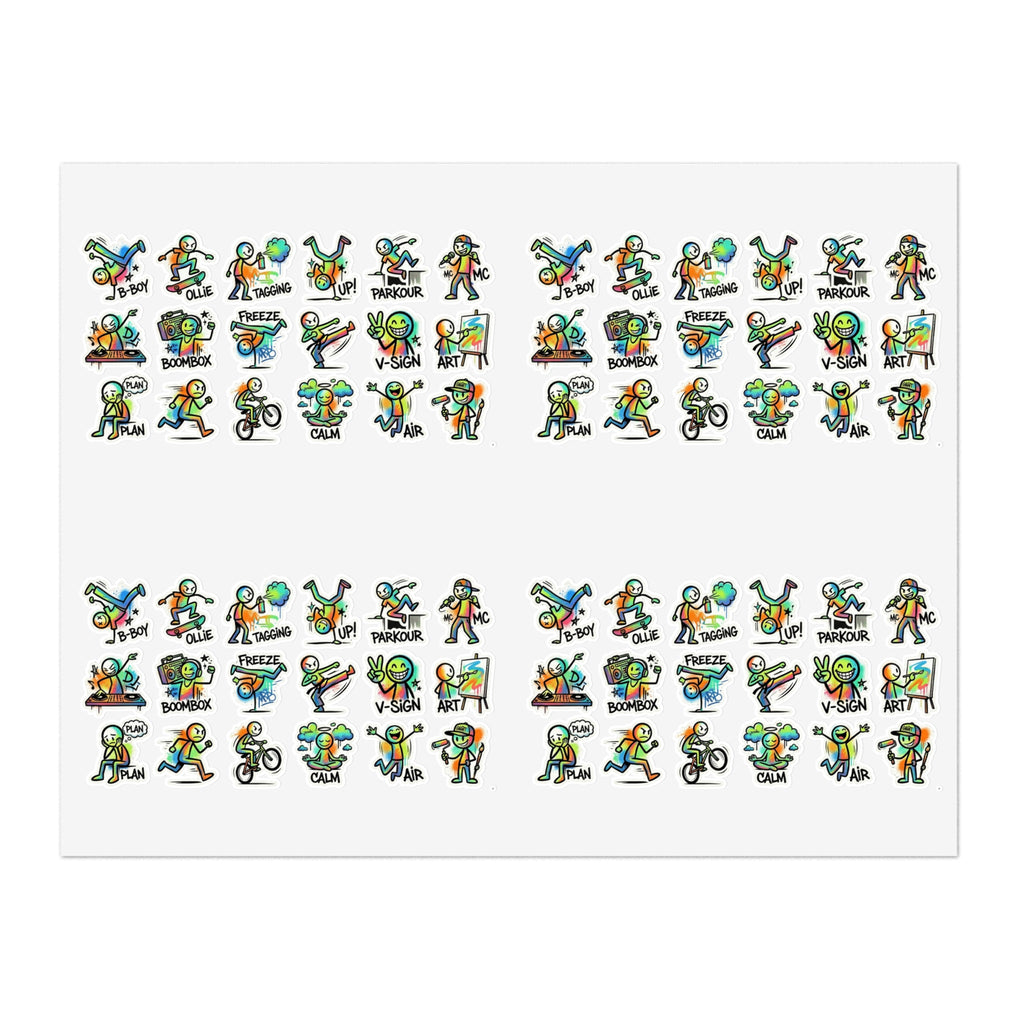Großer Stickerbogen mit Charakter-Actionmotiven: Parkour, Freeze, V-Sign