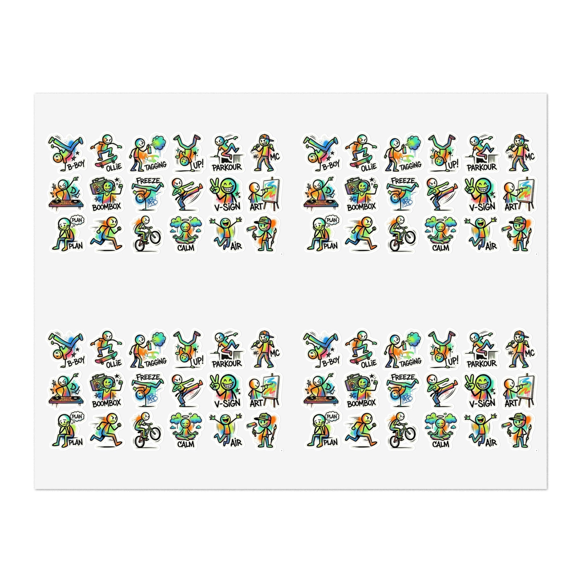 Großer Stickerbogen mit Charakter-Actionmotiven: Parkour, Freeze, V-Sign
