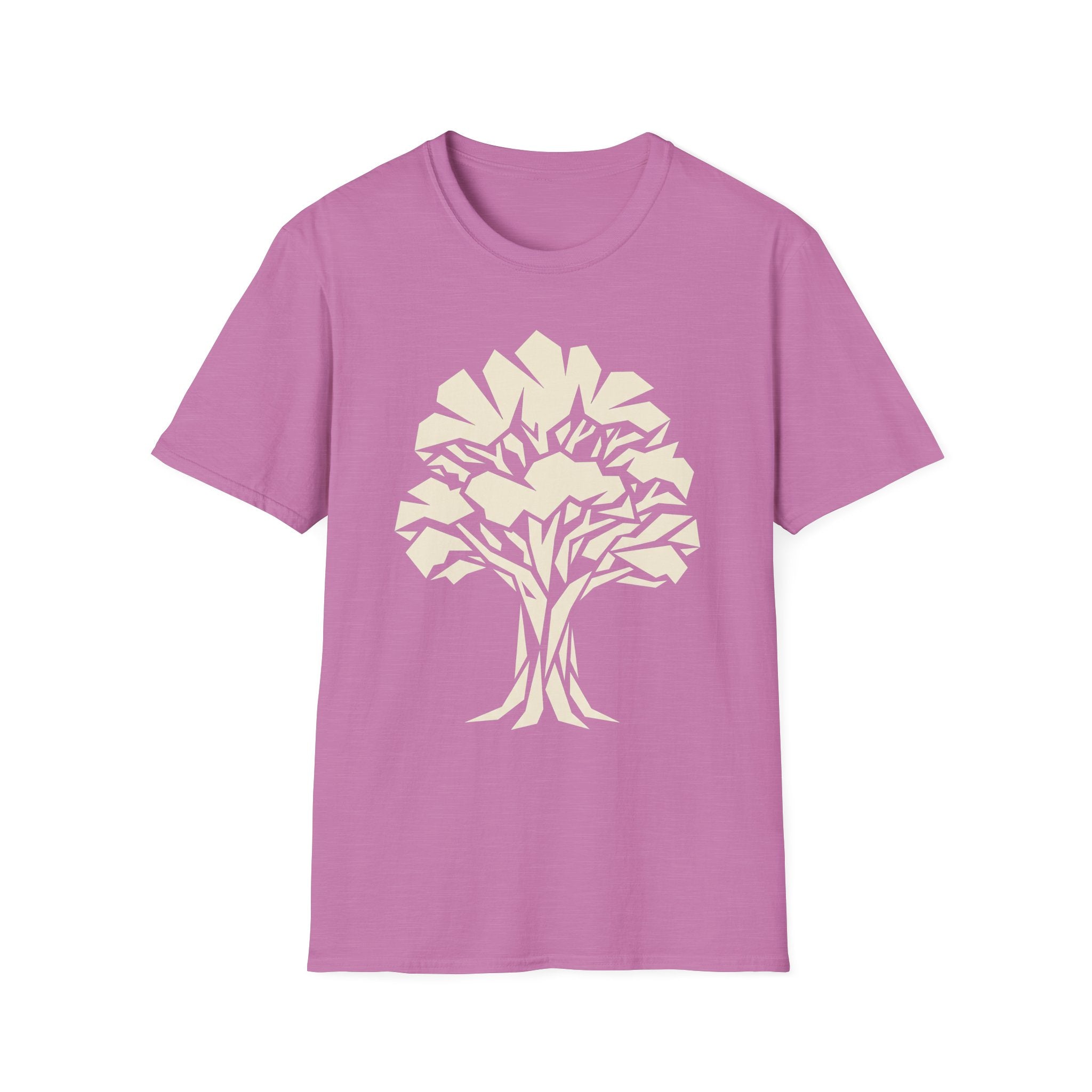Purple t-shirt with white geometric tree silhouette graphic on the front