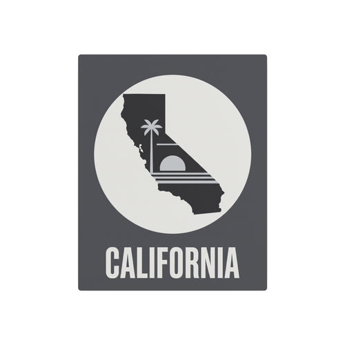 California metal wall sign with circular rays, palm tree icon and 'CALIFORNIA' lettering