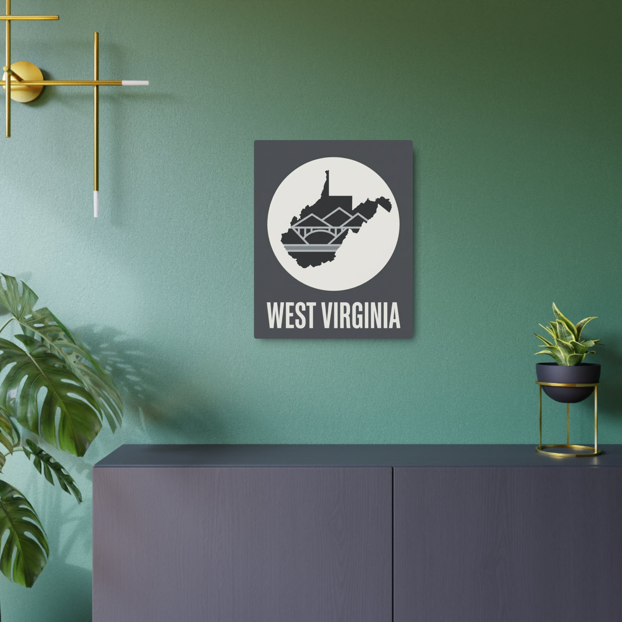 Square metal wall art with round West Virginia landscape emblem and text