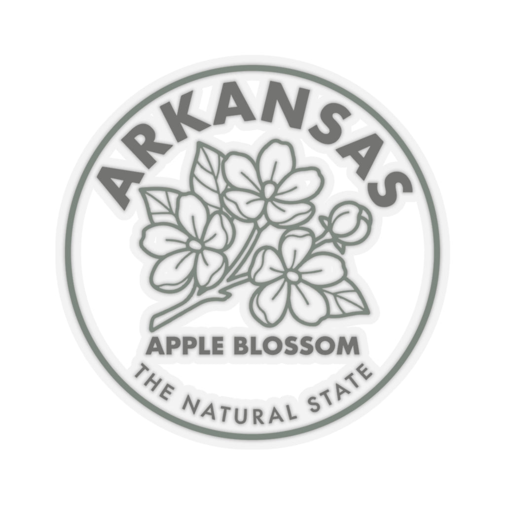 Transparent vinyl round Arkansas apple blossom decal with floral design and “ARKANSAS” border.