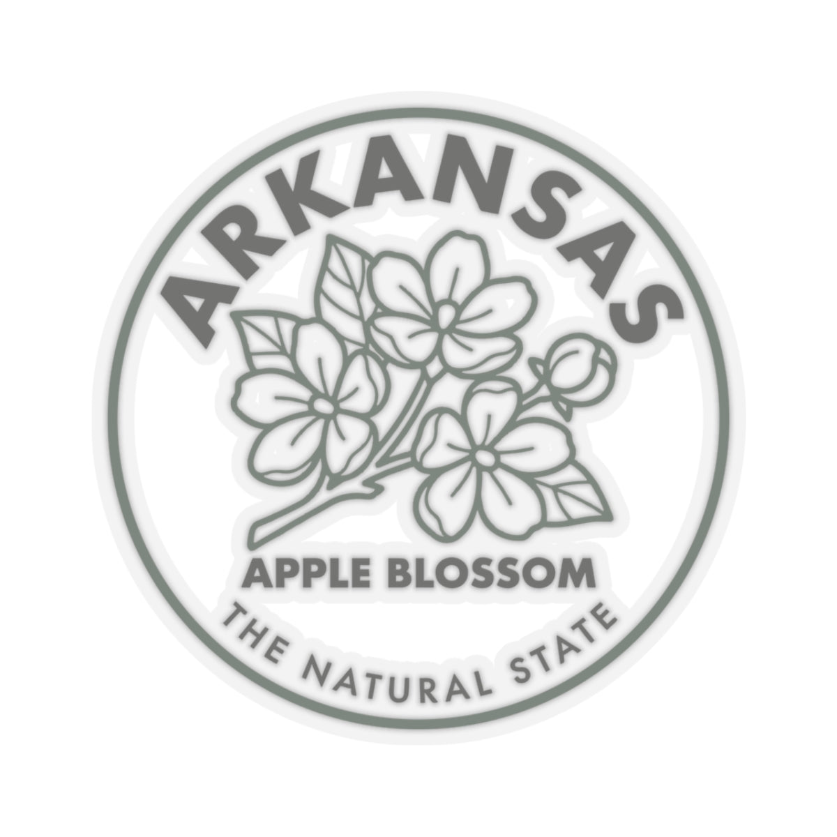 Transparent vinyl round Arkansas apple blossom decal with floral design and “ARKANSAS” border.