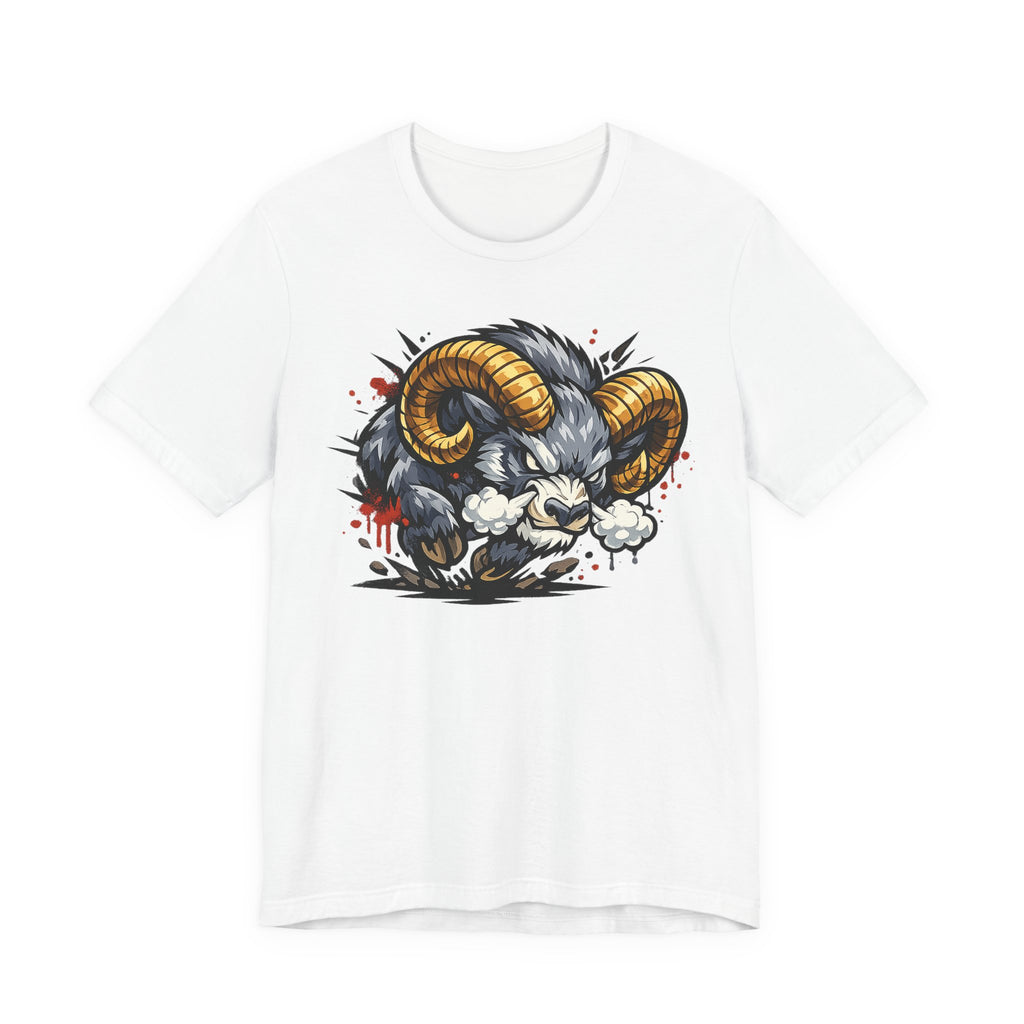 Charging Ram Illustration T-Shirt | Angry Horned Animal Graphic Tee, Wild Bighorn Art Unisex Gift
