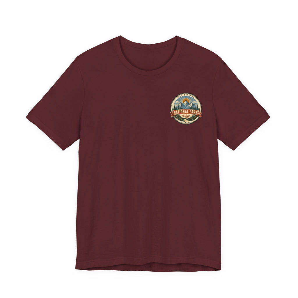 Maroon crew-neck T-shirt with small round national park logo on the chest