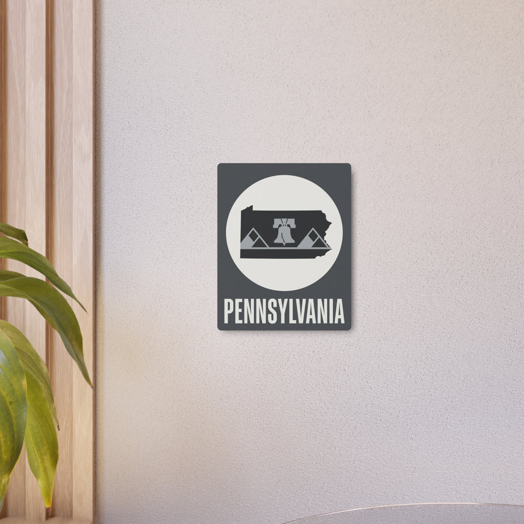 Wall-mounted Pennsylvania metal sign, dark gray square with oval Liberty Bell emblem and text