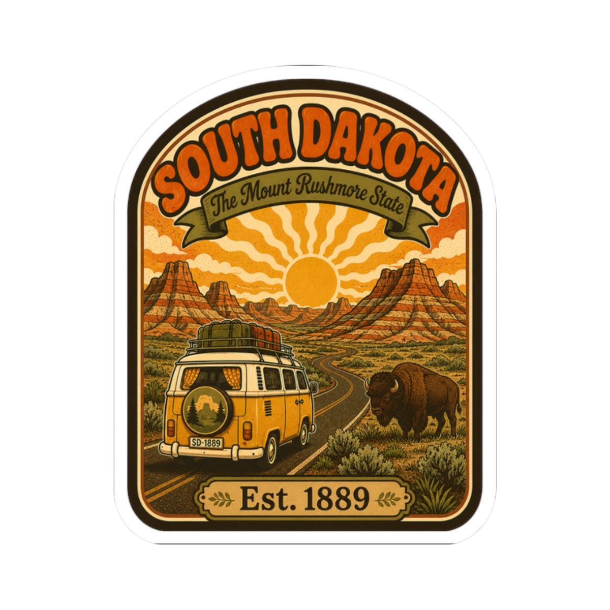 Die-cut South Dakota travel decal with buffalo scene, mountains, and Est. 1889 at bottom.