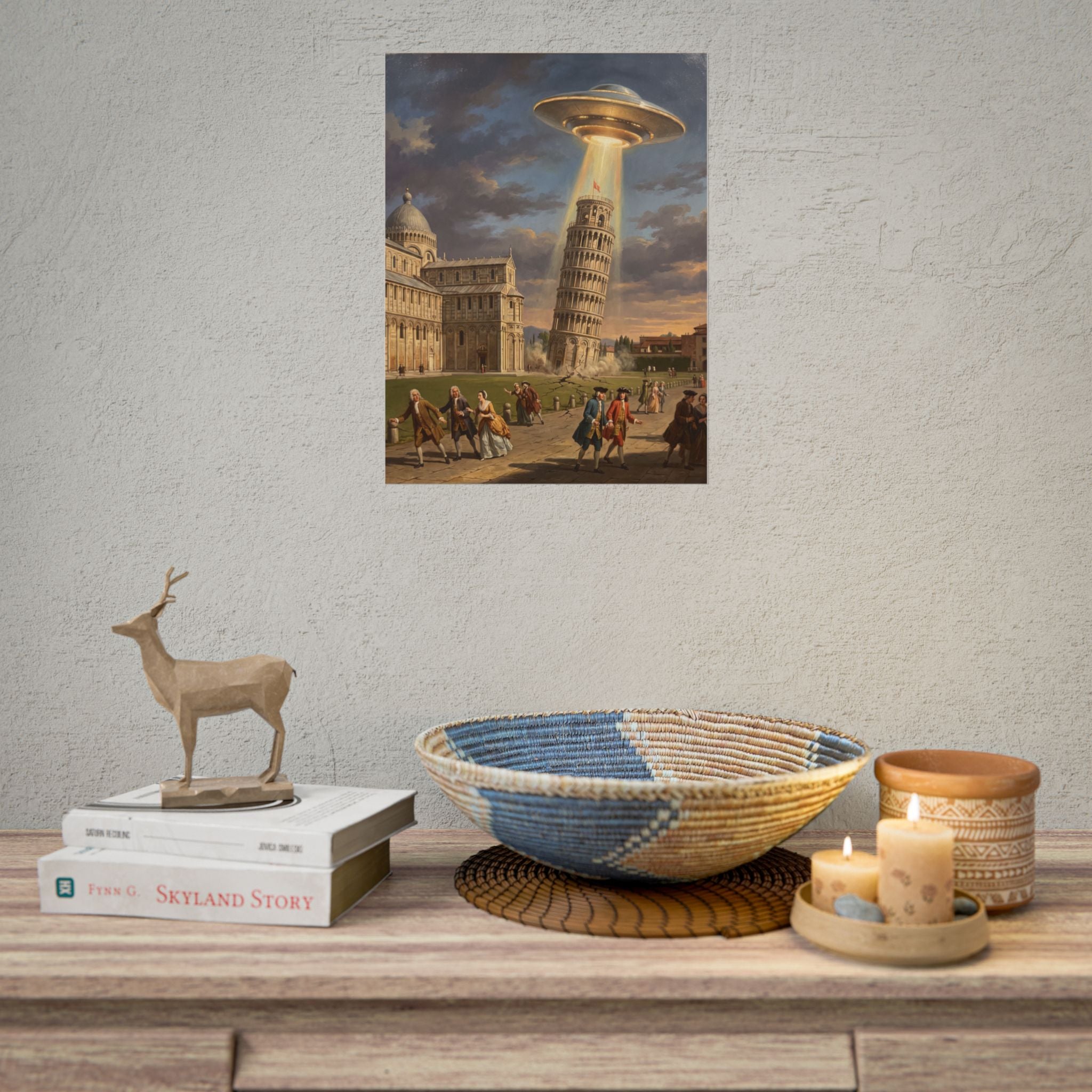 Small wall poster featuring a glowing UFO above Leaning Tower with people in view