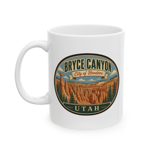 White ceramic mug with Bryce Canyon Utah graphic and side handle