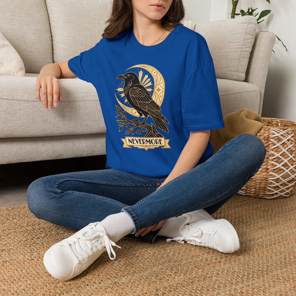 Crewneck T-shirt in royal blue with gold raven and moon graphic, short sleeves