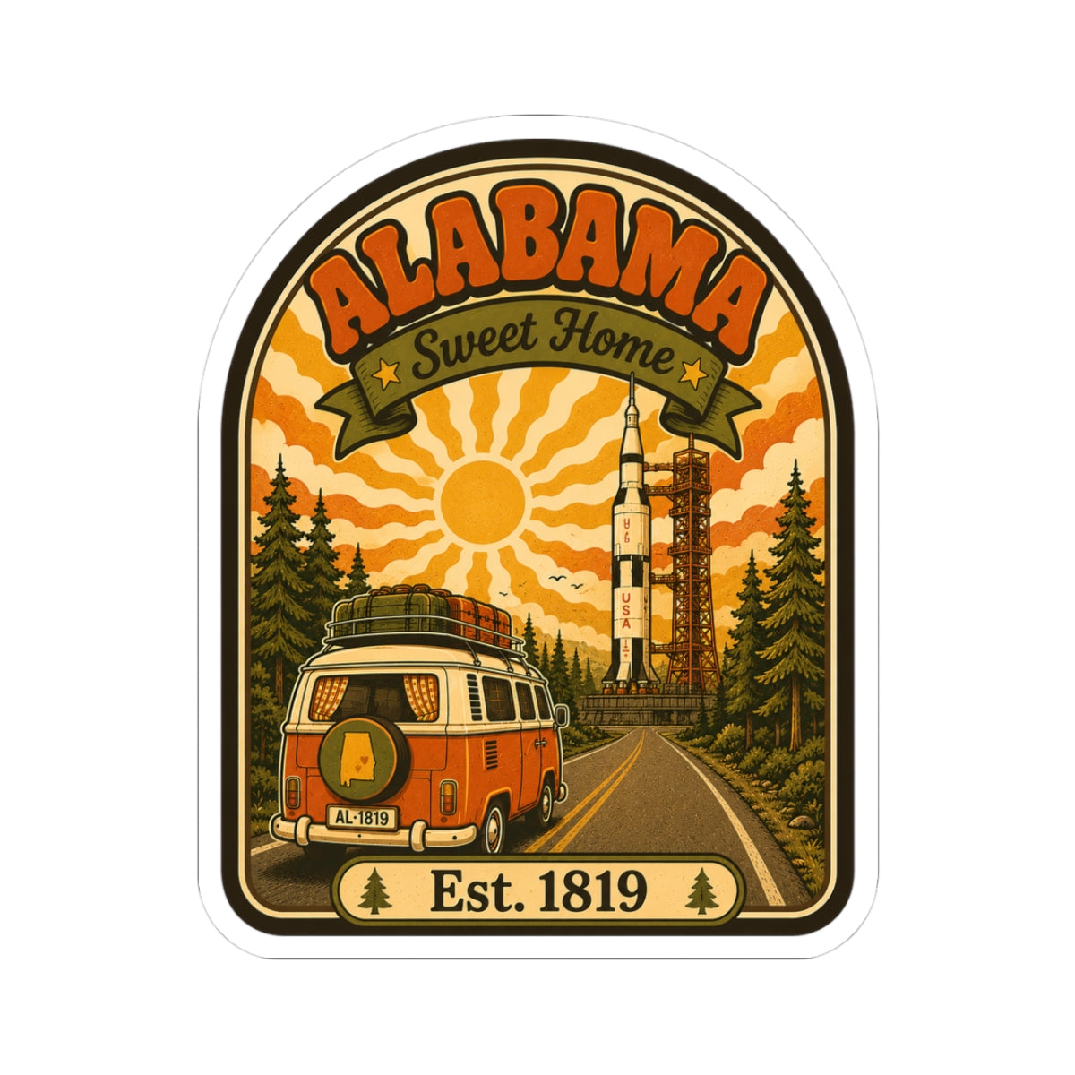 Die-cut arched Alabama travel sticker with orange camper van, trees, sun and Est. 1819.