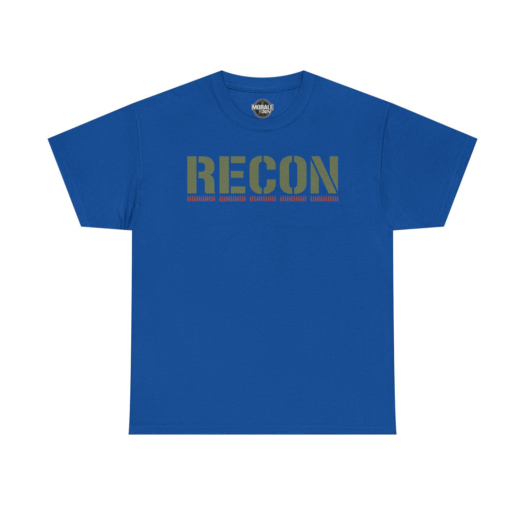 Royal blue T-shirt with RECON stencil graphic in green and red stripe lettering