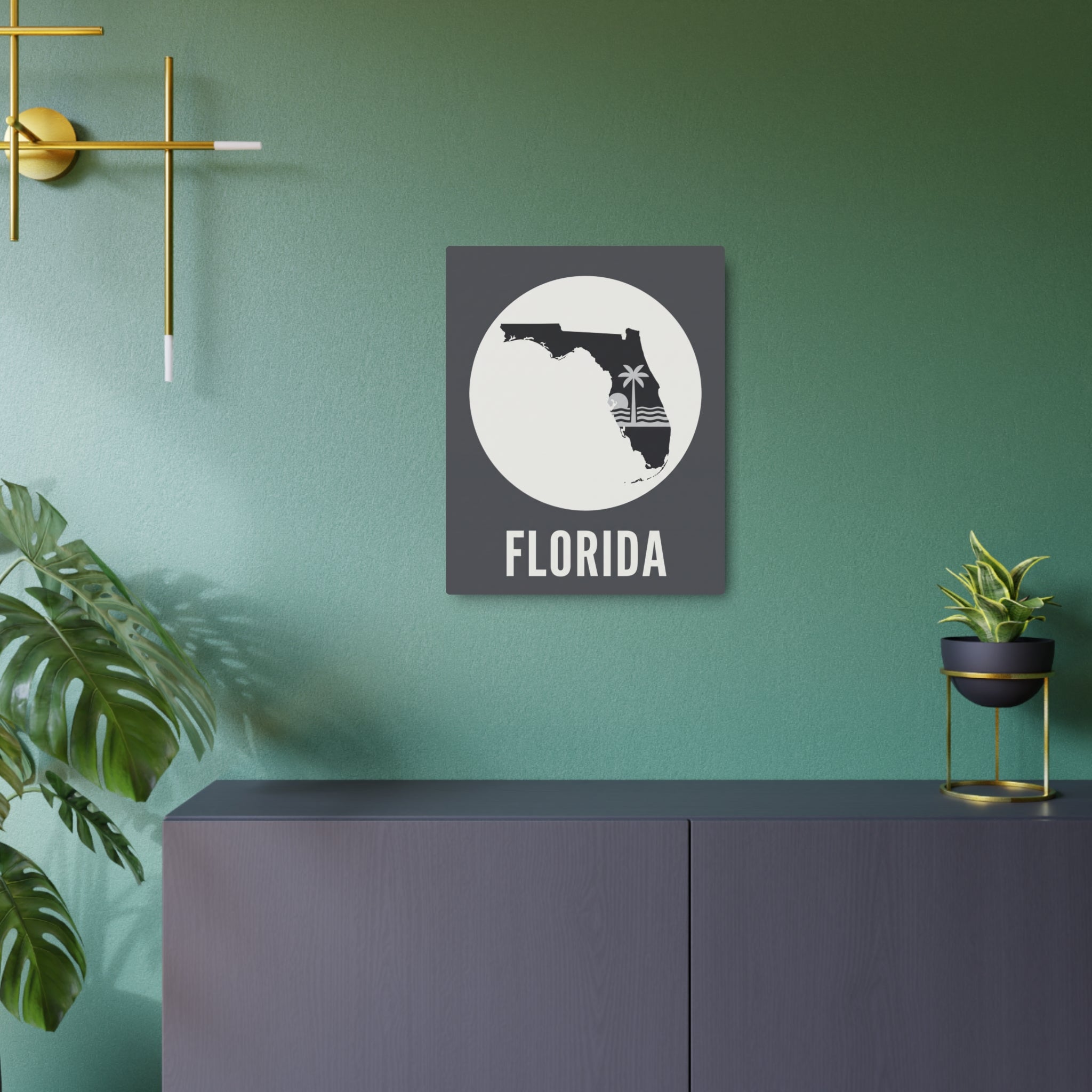 Florida silhouette metal wall sign, dark gray backing with white cutout and 'FLORIDA'