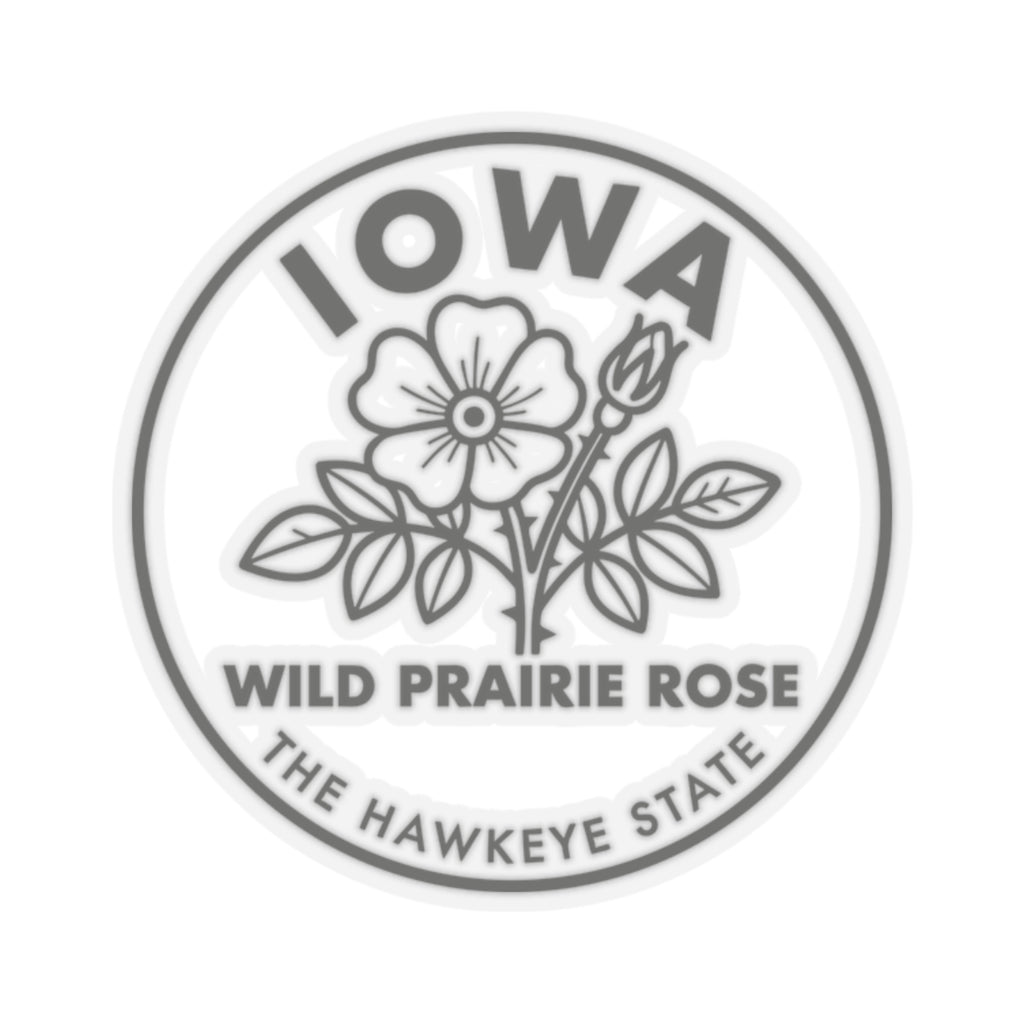 Transparent circular vinyl sticker with Iowa lettering and wild prairie rose text