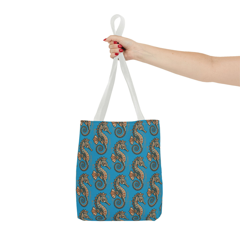 Seahorse pattern tote bag in blue with steampunk seahorses; white top handles