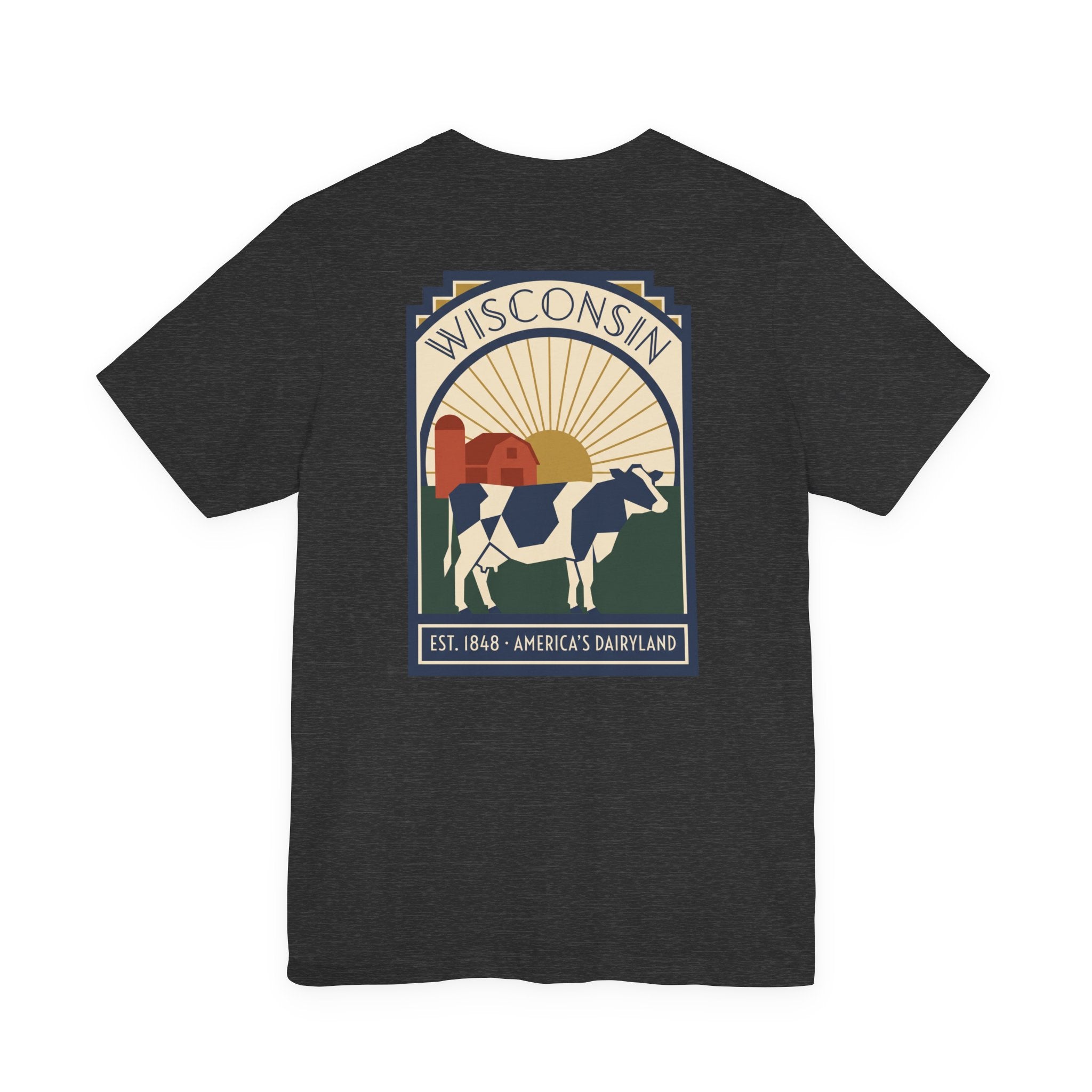 Dark charcoal t-shirt with square Wisconsin dairy cow graphic on the front