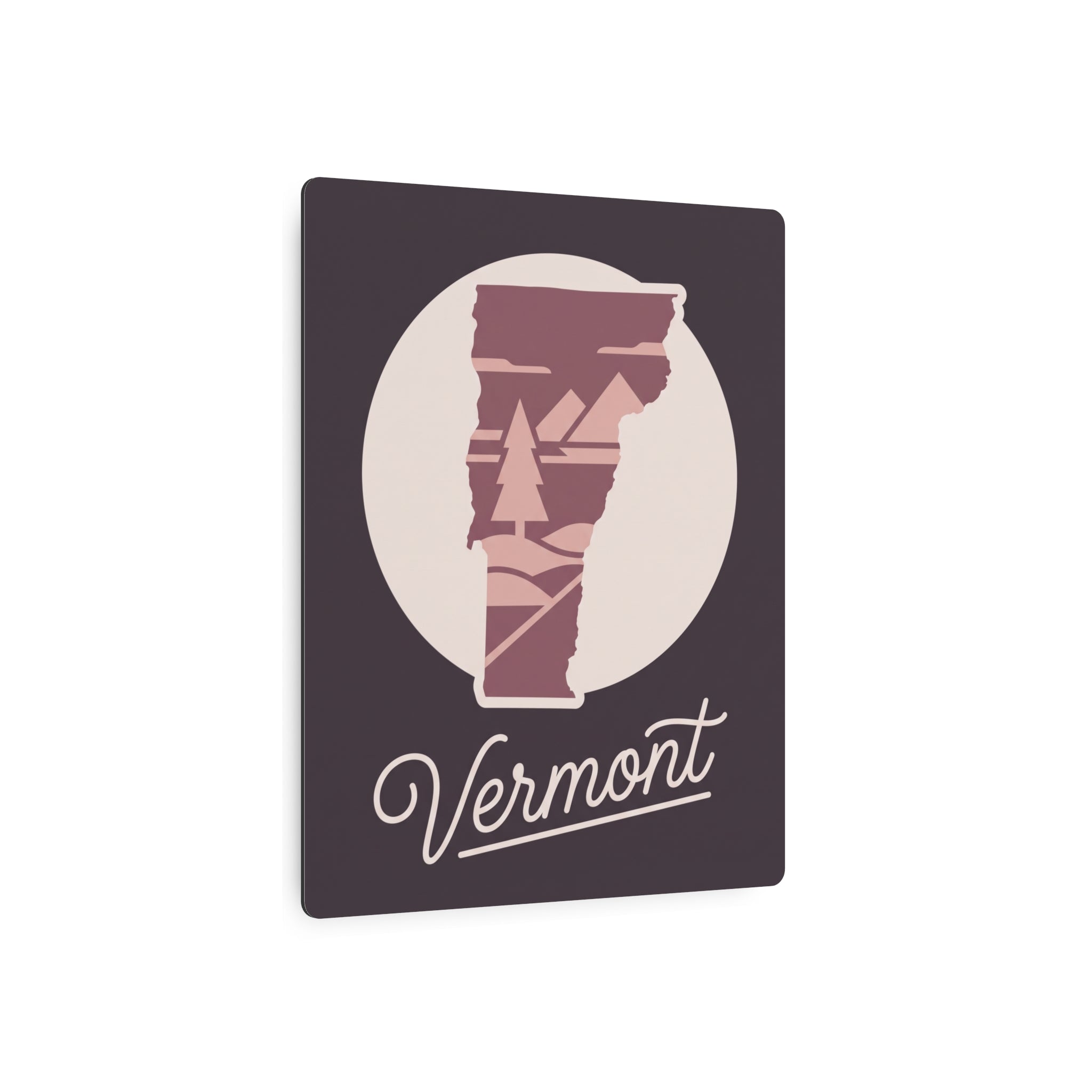 Mauve Vermont state silhouette metal wall art with “Vermont” script, dark square