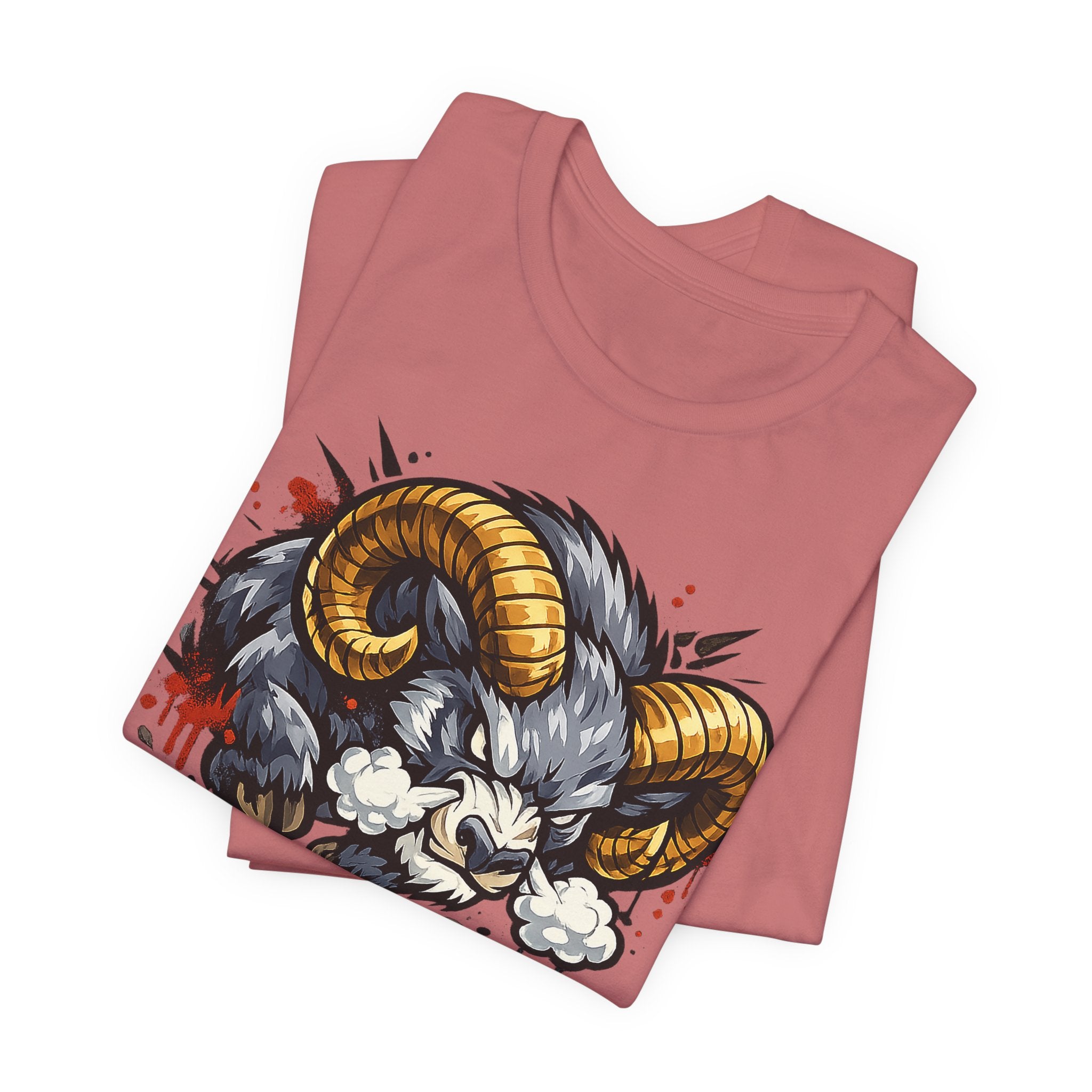 Charging Ram Illustration T-Shirt | Angry Horned Animal Graphic Tee, Wild Bighorn Art Unisex Gift