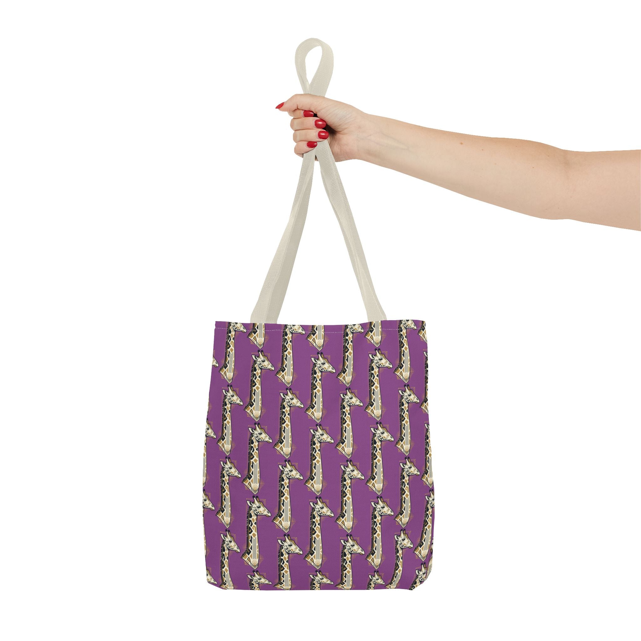 Purple saxophone-pattern tote bag with light handles, held upright