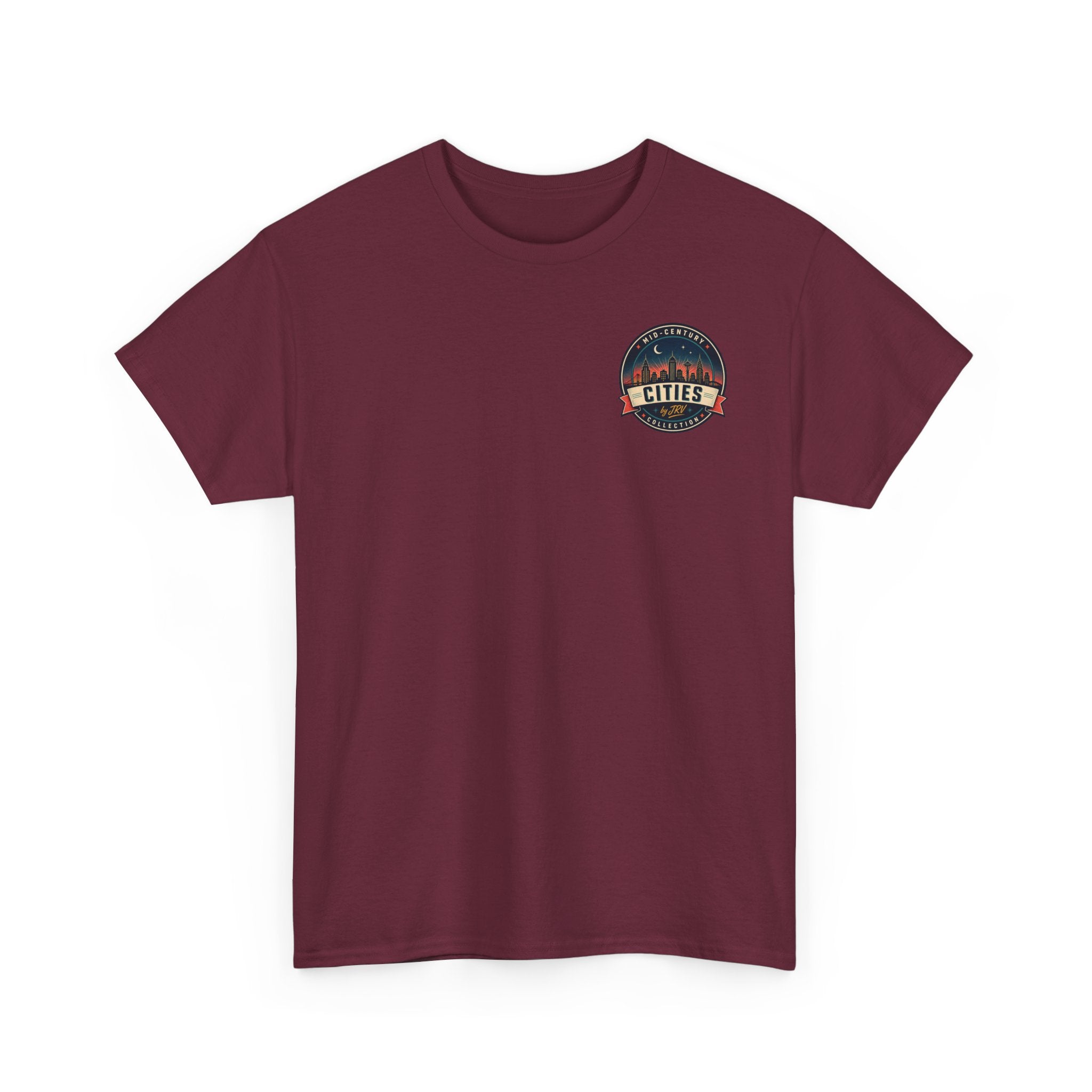 Maroon crewneck T-shirt with small Cities badge graphic on left chest