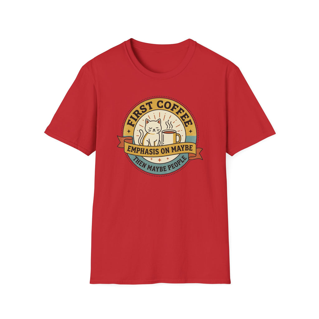 Red crewneck T-shirt with cat coffee emblem graphic.