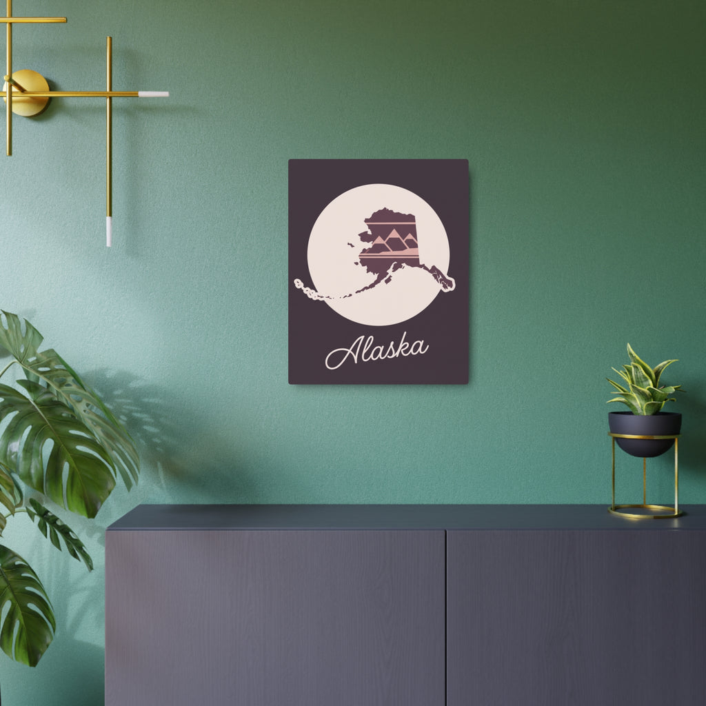 Mauve Alaska silhouette metal wall art with white circular frame and cursive 'Alaska'