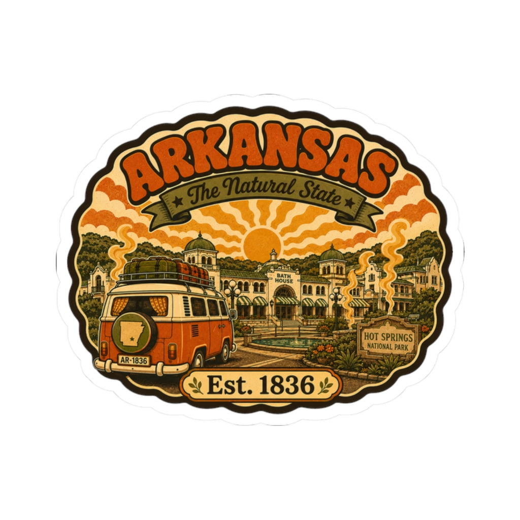 Round Arkansas travel sticker showing orange camper van and “Est. 1836”