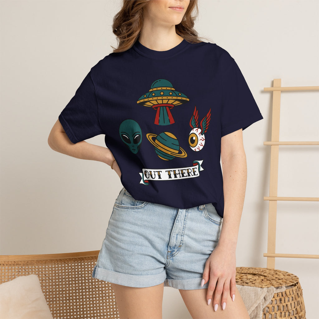 Navy T-shirt on model with alien, UFO and space-cat graphic and OUT THERE label