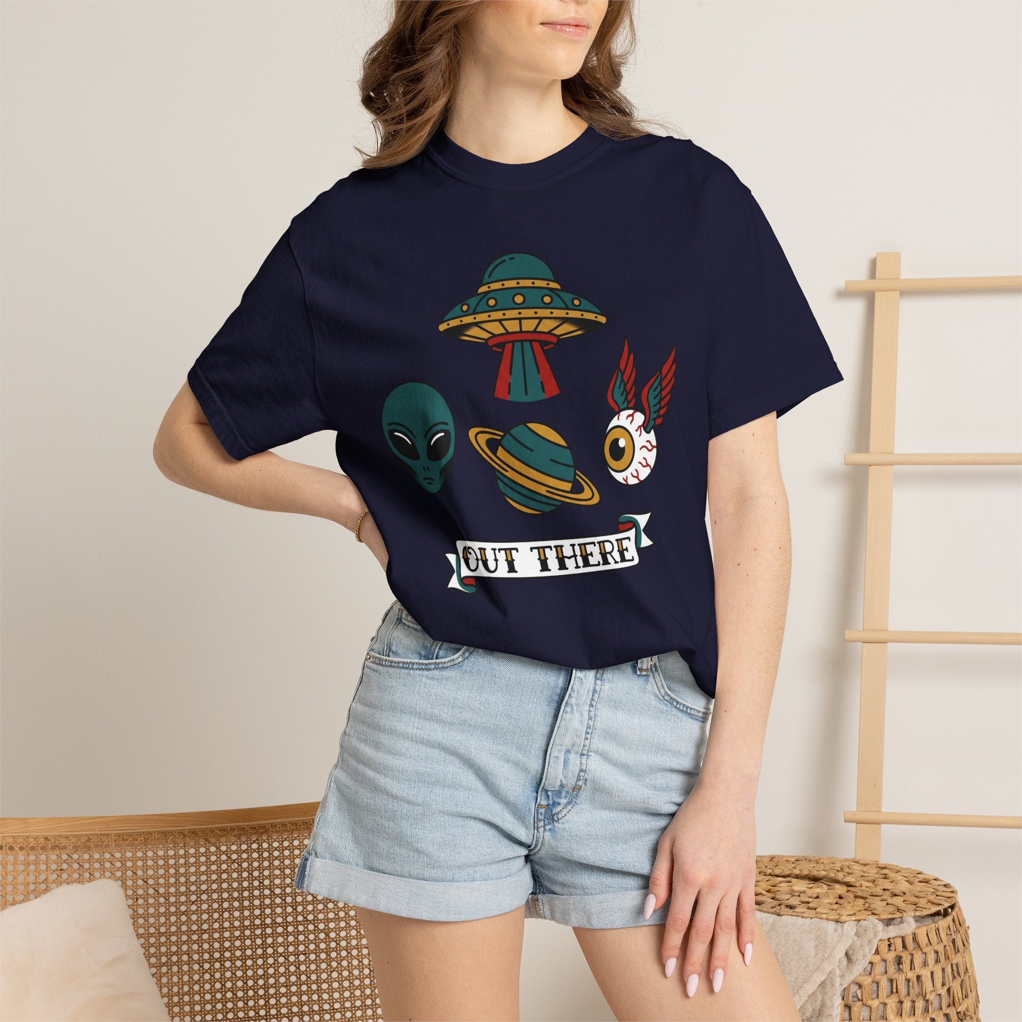 Dark navy T-shirt with alien, UFO, cat graphic and 'OUT THERE' text
