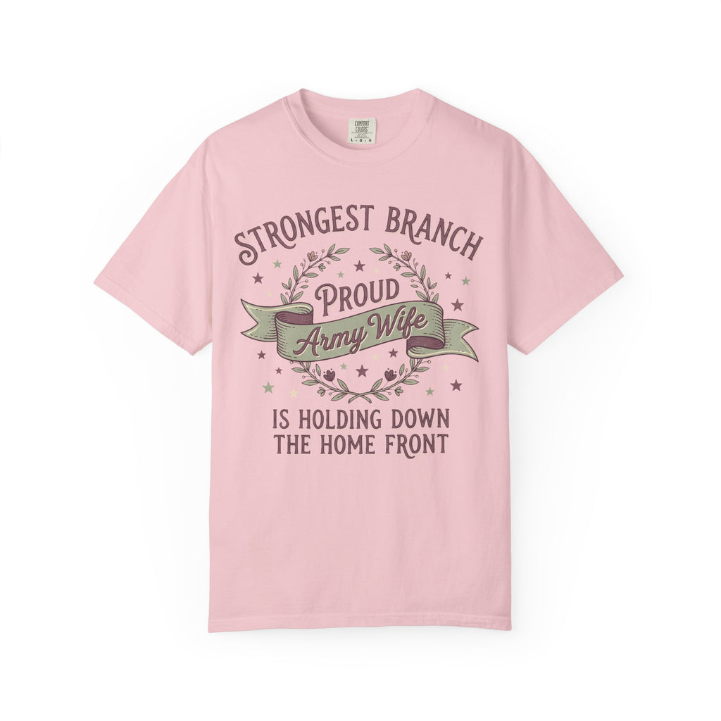 Lavender crewneck T-shirt featuring Strongest Branch and Proud Army Wife front print.
