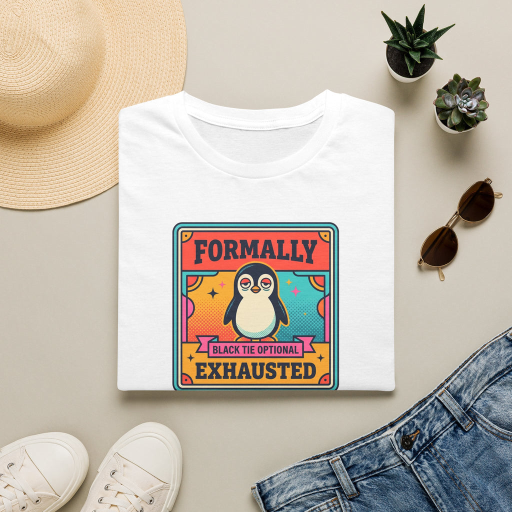 Funny Penguin T-Shirt | Formally Exhausted Black Tie Optional Retro Graphic Tee | Penguin Gift